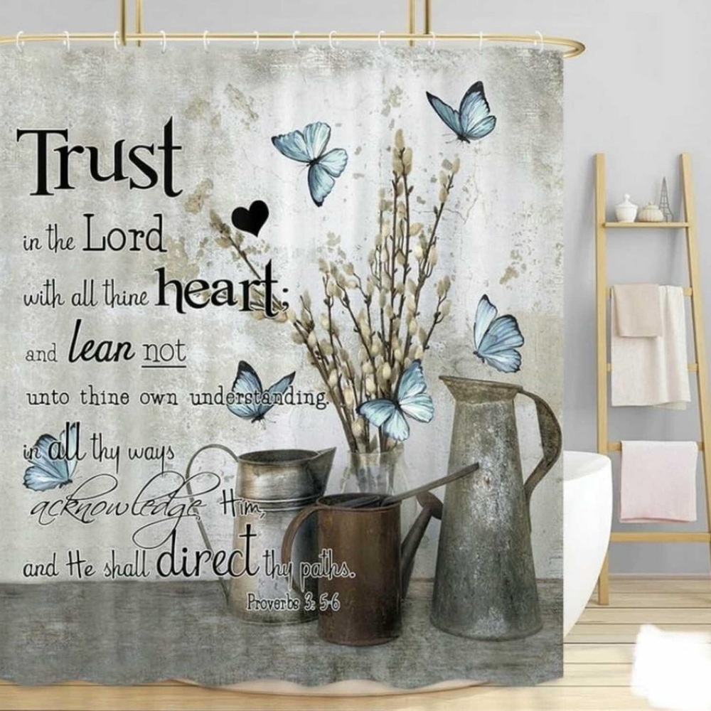 NEW Farmhouse “Trust The Lord” Shower Curtain Butterflies Measures 68” x 72”